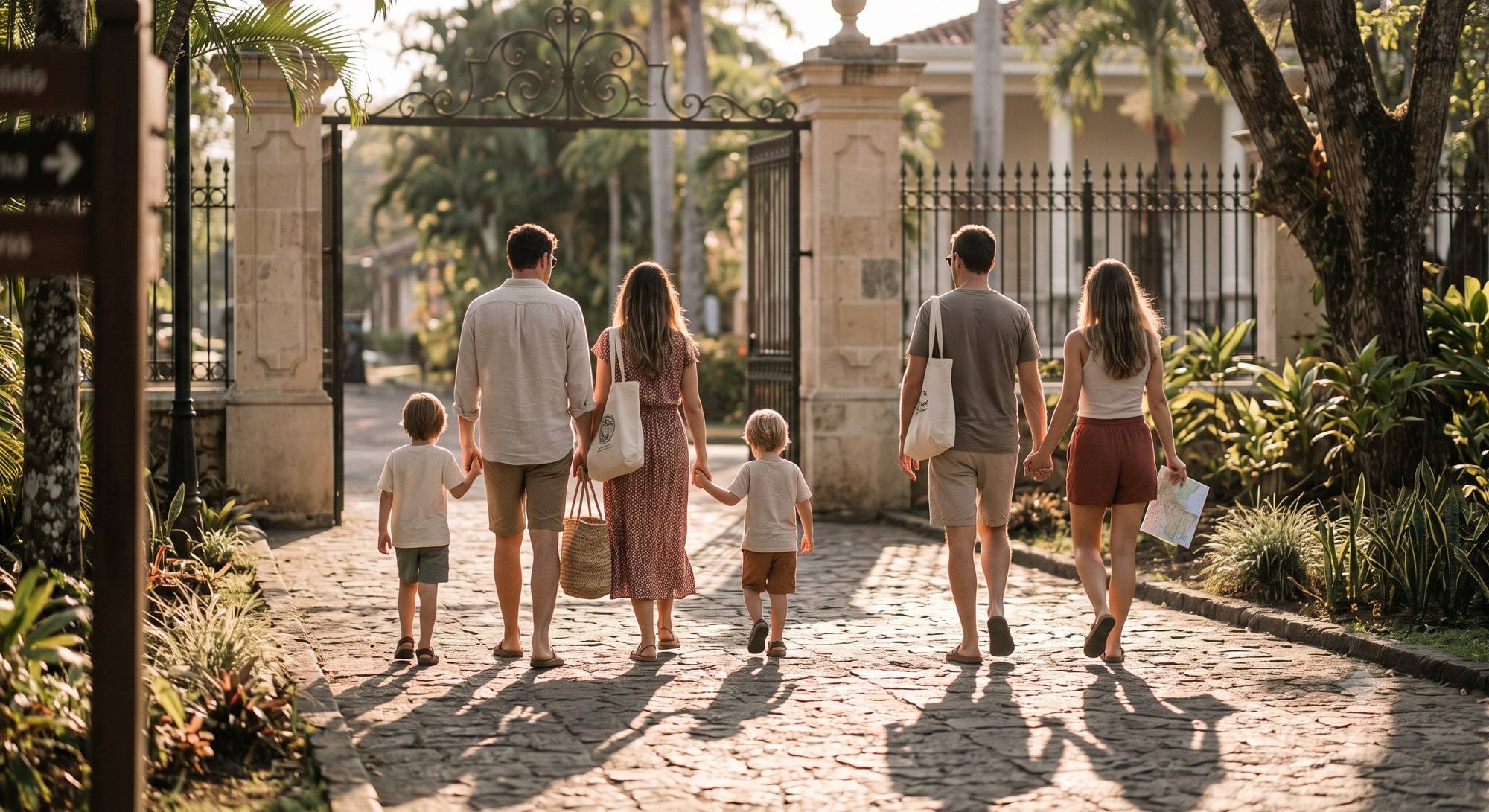 Two families walking out through the gates of an attraction in late afternoon sunlight