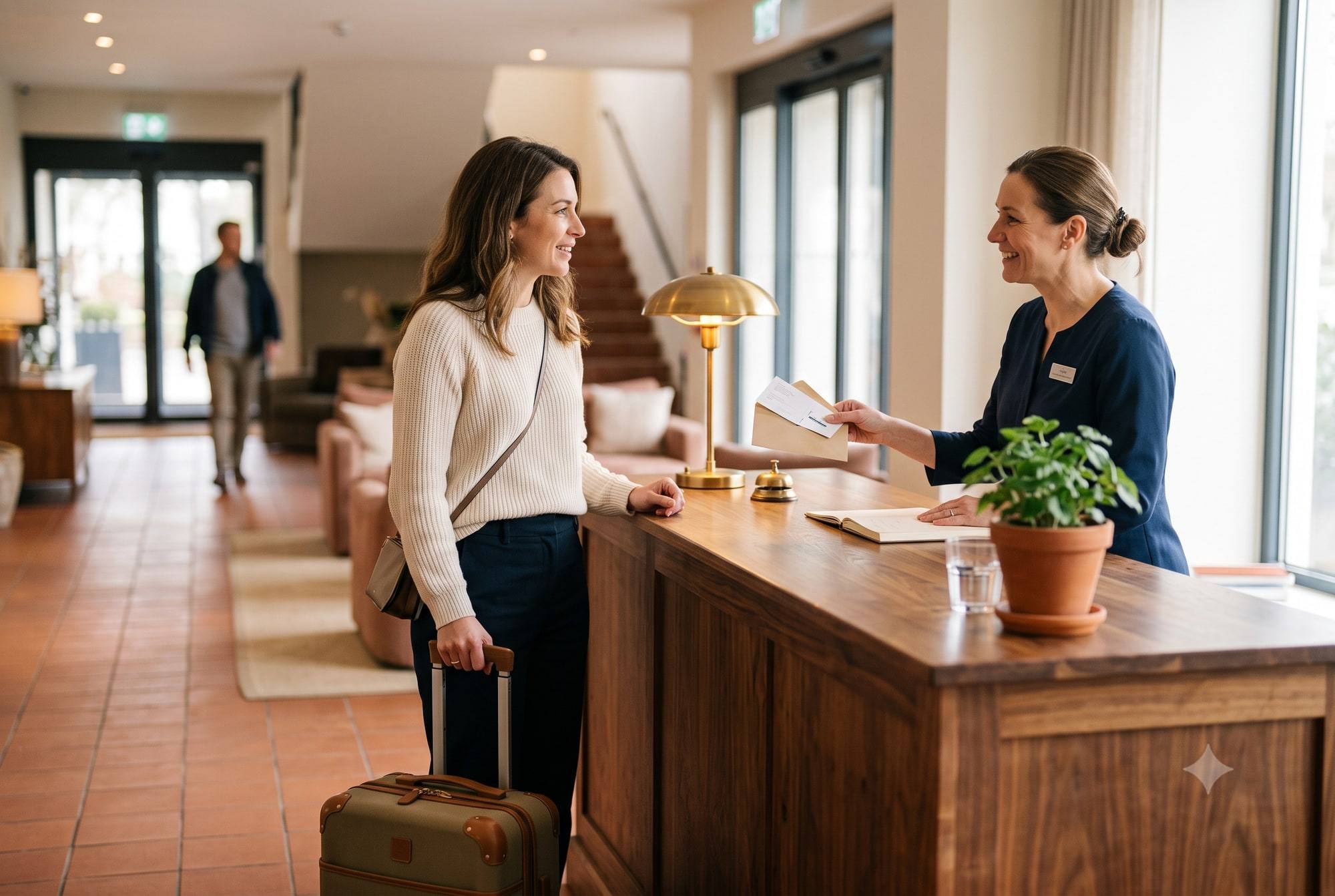 A guest with a suitcase at a hotel reception desk, receiving an envelope from a smiling receptionist